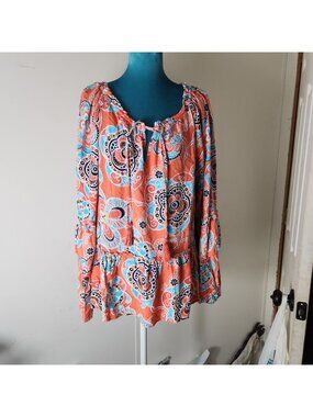 Crown & Ivy Womens XL Boho Peasant Top With Bell Sleeves Orange Floral Paisley P